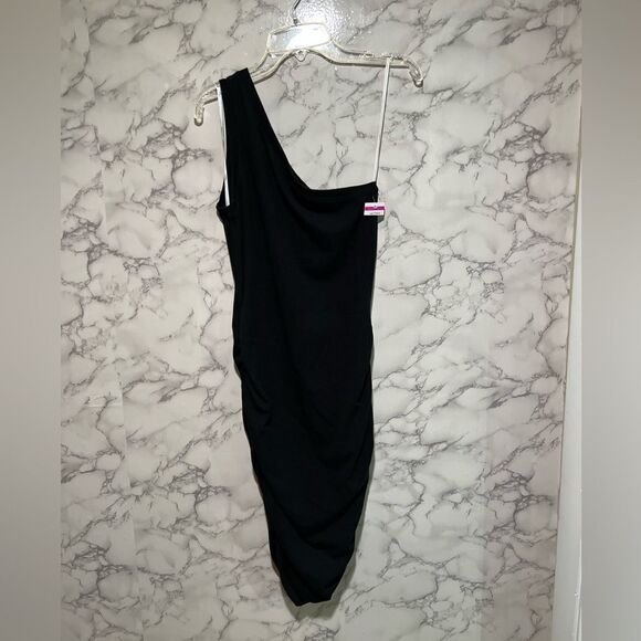 Lulus Total Appeal Black Ruched One-Shoulder Bodycon Midi Dress, black, Size L - Picture 2 of 8